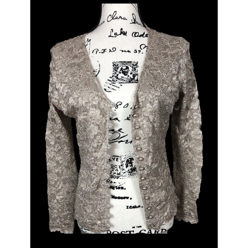 Vtg Michi Champagne Stretch Lace Pearl Button Blouse Cardigan Womens Lg